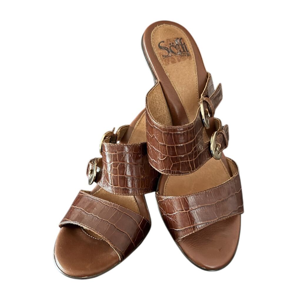 SOFFT Sandals Zane Brown Leather Faux Croc Print Heels Double Adj Straps 8M - Picture 3 of 8